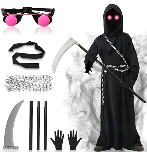 YIBEBE Costume da Mietitore per Bambino Adulto: Costume Halloween Fantasma Spaventoso Morte Costume con Occhiali Falce Catena Cintura per Halloween Cosplay