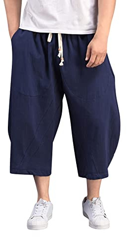 Pantacourt Homme Japonais Sarouel Pantalon Lin Homme Large Pantalon en Lin Homme Streetwear Pantalon de Jogging Homme Harem Pantalon Cargo 3/4 Décontracté Pantalon Baggy Homme Grande Taille (Navy, L)