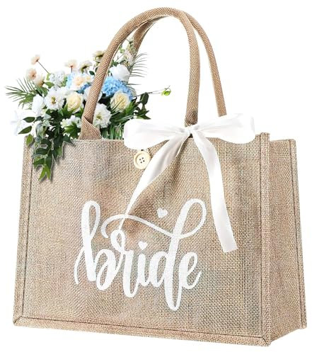 DAKLUNAR Bride Jute Tragetasche Hochzeit Braut Tasche mit Schriftzug Bride und Weiß Band Brauthandtasche Schleifenband Geschenk für Brautdusche Junggesellenabschied Team Bride JGA Accessoires