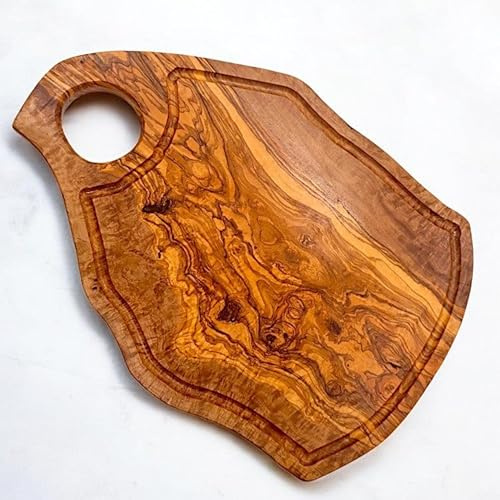 Tabla de cortar de madera de olivo maciza de forma irregular con mango y ranura | Tabla de cortar para tallar carne o verduras - Tablas de cortar para cocinas - Madera de olivo ultra fuerte, duradera