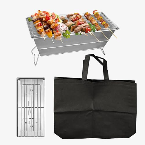 Bigking Griglia per Barbecue Pieghevole, 15.8×7.3×7pollici Griglia Portatile in Acciaio Inox, Griglia Arrosticini Barbecue Carbonella Con Borsetta per Barbecue All'aperto Da Campeggio
