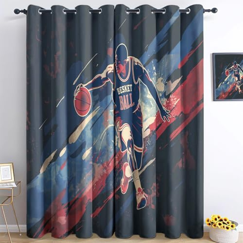 Sport Basketball Retro-Poster-Stil Ösen Vorhänge, Temperatur Halten und Lärmminderung, 150x166cm(BxH) Kinderzimmer Verdunkelungsvorhänge für Schlafzimmer&Wohnzimmer Dunkel Polyester Vorhange