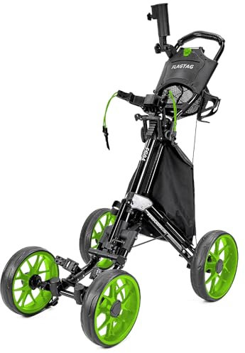 FLAGTAG Golf Push Cart 4-Wheels,Folding Golf Cart, Golf Pull cart with Cup Holder,Umbrella Holder,Cooler Bag, Foldable with one-Click,Handle Height Adjustable,Drink Holder,Walking Push cart