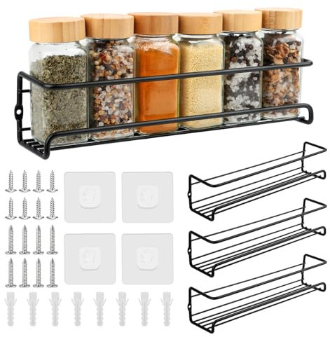 4er-Pack Gewürzregal Wand Ohne Bohren, Küchenregal Wand hängend Selbstklebend Gewürzregal, Inkl Befestigungs-Tools Gewürzhalter für Schranktür, Küche, Deco, Arbeitsplatte, Badregal, 29 x 6,5 x 6.5 cm