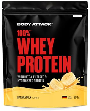 Body Attack 100% Whey Protein - Banana Milk, 900 g - Made in Germany - Extra cremiges Eiweißpulver mit Hydrolysat & BCAA´s, unterstützt Muskelaufbau und Diäten - Für Sportler & Athleten | cremiges Eiweißpulver mit Hydrolysat und BCAA´s, unterstützt Muskelaufbau und Diäten, Made in Germany