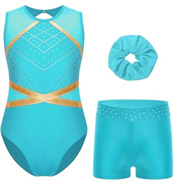 iEFiEL Mädchen Turnanzug Glitzer Strass Gymnastikanzug Tanzbekleidung Set mit Haarband Glänzende Leotard und Shorts Gymnastik Outfits Xa Blau Grün A 110-116