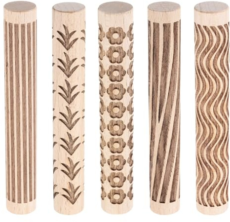 sourcing map 5pcs Wood Clay Roller 10cm Wood Lines Grain Texture Flower Pattern Rolling Pins Pottery Tools Rollers for Clay Baking Dough Playdough DIY