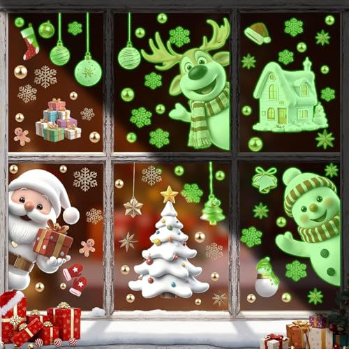 KAIRNE Weihnachten Fluoreszierend Fenstersticker Weihnachtsmann Schneemann, Weihnachtsbaum für Xmas Party Deko Winter Weihnachts Fensterbilder Kinder Aufkleber für Fenster Vitrine Türen Schaufenster