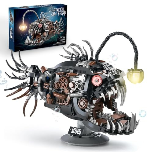 Mechanical Laterne Fisch Klemmbausteine Kompatibel Mit Berühmte Marken,1038 Teile Kreative Tiere Technik Steampunk Retro Ozean-Moc Dekor Modellbausatz mit Licht Geschenk für Erwachsene und Jugendliche