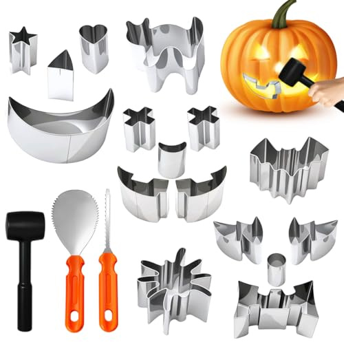 VOPIWOZ 19 Stück Halloween Kürbis Schnitzset, Edelstahl Schnitzwerkzeug Kürbis Enthalten Hammer, Frei Kombinierbar DIY Pumpkin Carving Kit, Kürbisschnitz Set Erwachsene