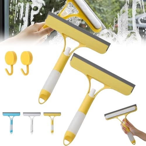 2025 - Raschietto 3 in 1 per la pulizia delle finestre, lavavetri con spruzzatore, detergente per vetri 3 in 1 con spruzzatore, spatola e spugna, lavavetri multiuso per auto, casa, cucina (giallo* 2)