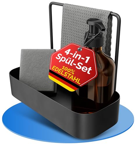 QOSI ® Spülbecken Organizer schwarz aus rostfreiem Edelstahl | Spüle Organizer mit Schwammhalter, Spüllappenhalter Spülmittel Organizer | Waschbecken Organizer Küche | Sink Organizer
