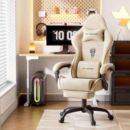 WoRaum Sedia da Gaming, Sedia da Ufficio Girevole con Supporto Lombare e Testa Regolabile, Braccioli e Poggiapiedi, Rivestimento in Tessuto Traspirante per PC Racing (Bianco)