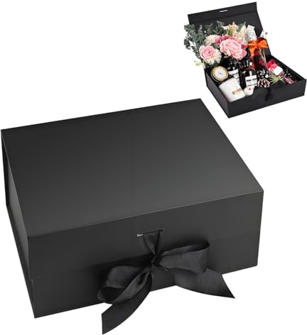 Geschenkbox Schwarz, 23 x 17 x 7cm Faltbare Geschenkkarton, Gift Box mit Schleife, Geschenkschachtel mit Magnetisch Deckel für Hochzeiten, Weihnachten, Geburtstage, Jubiläen (Schwarz 1)