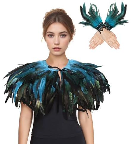 IWTBNOA Pfauen Kostüm Damen, Federkragen Blau mit 1 Paar Feder-Manschetten, Feder Achselzucken, Federn Kostüm, Pfau Accessoires für Karneval Faschingskostüme Halloween Maskenball Cosplay