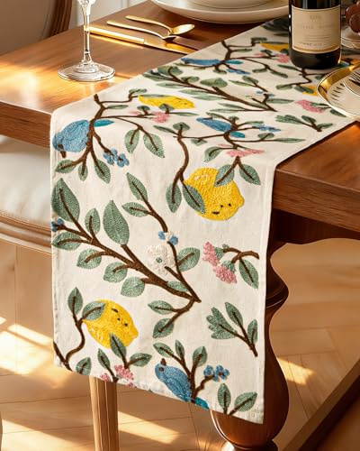 Kokaaee Canvas Embroidered Table Runner - 13x 72 Coffee Table Runner for Living Room Narrow Tablerunner for Dining Room Washable Farmhouse Kitchen Island Counter Decor Housewarming Gift, Lemon Bird