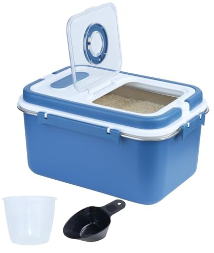 ANMOO 10L Rice Storage Container, Stainless Steel Food Bin, Blue | Airtight food canister with timer lid & handle, measuring cup & spoon for pasta, flour, sugar and kitchen pantry dry goods