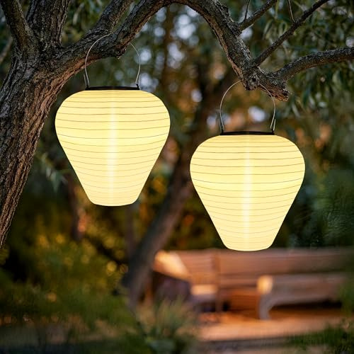 iShabao Solar Lampions Außen Wetterfest, 2 Stück 20cm Solarlampen Hängend | IP65 Wasserdicht Solarlaterne für Außen, Nylon Warmweiß LED Solar Laternen für Draußen Garten Balkon Terrassen Party Deko
