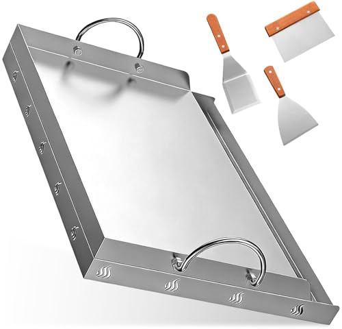 Stekplatta i rostfritt stål med 2 spatlar och handtag, skrapa, universell rektangulär grillpanna 58 x 41 x 7,5 cm, gjutjärnsgrillplattor gasspis tillbehör grilltillbehör BBQ för camping fest evenemang