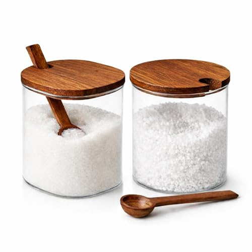 TIENDA EURASIA – Set Salero y Azucarero de Vidrio con Tapa y Cuchara de Madera | Recipientes para Especias y Azúcar | Diseño Transparente | Cocina y Mesa