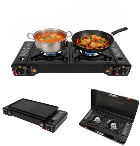 Hornillo de gas portátil de 2 fuegos, 2 en 1, hornillo de gas para camping, cocina de gas con plancha y maletín, hornillo de camping con encendido piezoeléctrico, para camping, senderismo y cocina al