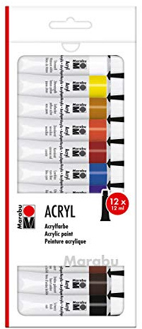 Marabu 1210000000200 - Set di 12 Colori da 12 ml, Colori acrilici coprenti, opachi e Lucidi, a Base d'Acqua, per telai, cartoncini da Pittura, Carta e Legno, ad Asciugatura Rapida