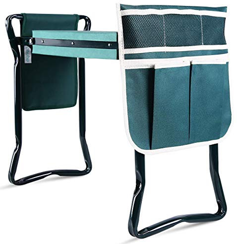 Ohuhu Kniebank für Gartenarbeit Kniekissen Garten klappbar Gartenhocker bis 150 kg, 2 in 1 Eva-Schaumkissen Gartenhocker mit 2 Werkzeugtaschen, Kniehilfe Gartenarbeit Gartenbank 60x50x27 cm Grün