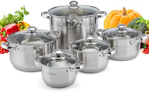 EliteHoff 10-teilig Induktion Kochtopf-Set, 7-lagig Edelstahl Kochtopf, 5er Set Töpfe mit Deckeln, für Alle Herdarten