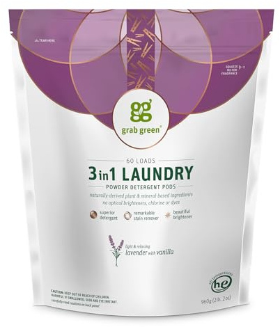 Grab Green 3-in-1 Waschmittel-Pads, 60 Stück, Lavendel-Vanilleduft, pflanzlicher und mineralischer Basis, überlegene Reinigungskraft, Fleckenentferner, hellt die Kleidung auf