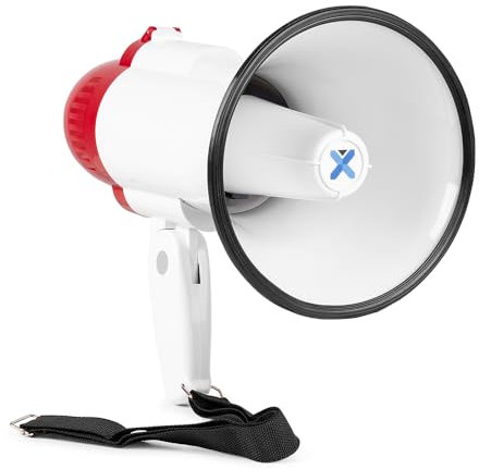 Vonyx MEG020 Megafon mit Sirene und Mikrofon, 20 Watt lautes Megaphon, Aufnahme-Funktion, Umhänge-Gurt Megaphon für Demonstrationen, Sprachverstärkung rot-weiß