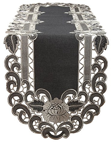 Grau breiter Tischband Tischläufer Leinen-Optik Blumen Stickerei (ca. 45x130 cm Oval)