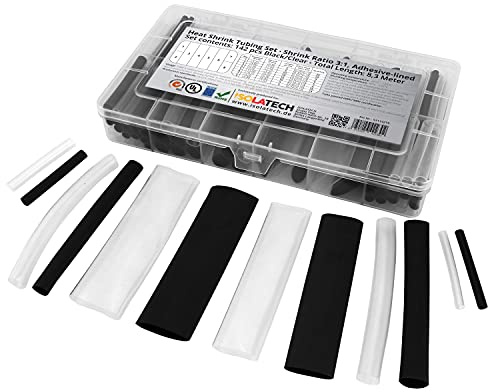 142-tlg. 3:1 mit Kleber Transparent-Schwarz Mix Schrumpfschlauch Set unbeschriftet. Set mit Gesamtlänge von 8,3m in praktischen Box. Heißkleberschicht auf der Innenseite wasserdicht ISOLATECH | 3:1, Mit Klebstoff, Praktische Box, Unmarkiert, Polyolefin, Zum Isolieren von Kabeln