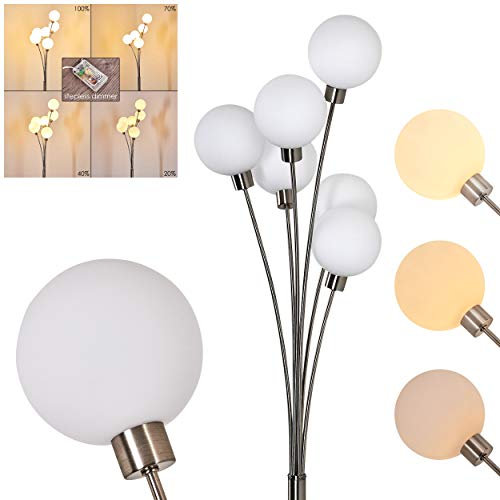 Lampadaire Bernado en métal, nickel mat et verre blanc - Luminaire pour 6 ampoules G9 idéal dans un salon - chambre à coucher - avec variateur et interrupteur à pied sur le câble, sans ampoules