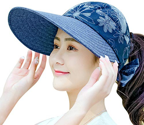 ITODA Visor Damen Sonnenhut mit Schirm Sonnenvisor Faltbare Schirmmütze UPF 50+ Strandvisor Outdoor Sonnenmütze mit Blumen Schleife Sommerhut Damenvisor Sommer Visier Hut für Freizeit Reise Sport