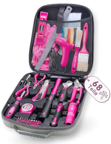 Extol Lady Werkzeugkoffer für Damen 68-teilig in Rosa I Haushaltswerkzeug-Set I Werkzeugset mit Zangen, Handschuhen, Wasserwaage, Pinsel, Maßband, Hammer, Taschenlampe usw. I Werkzeug Rosa