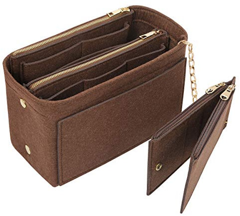 Yoillione Filz Taschenorganizer mit Kreditkartenetui, Damen Bag in Bag Handtaschen Organizer Klein Braun, Taschen Organisator mit Reißverschluss