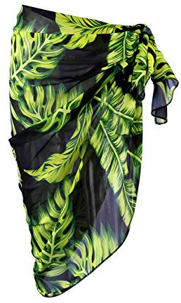 Faletony saronger för kvinnor strandkläder täckande chiffong pareo strandsjal ljusa blommönster sommar semester sarong kjol, gröna löv, one size
