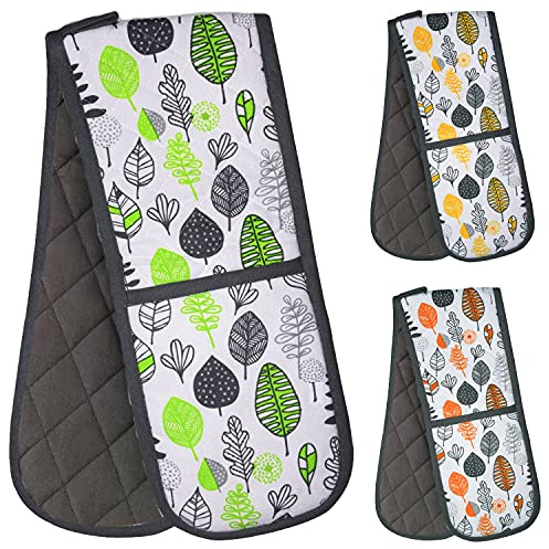 Prime Homewares Colour Leaf Design 100% Cotton Oven Glove Double Oven Gloves Double Oven Mitt Heat Resistant Oven Gloves (Grey/Orange Leaf)