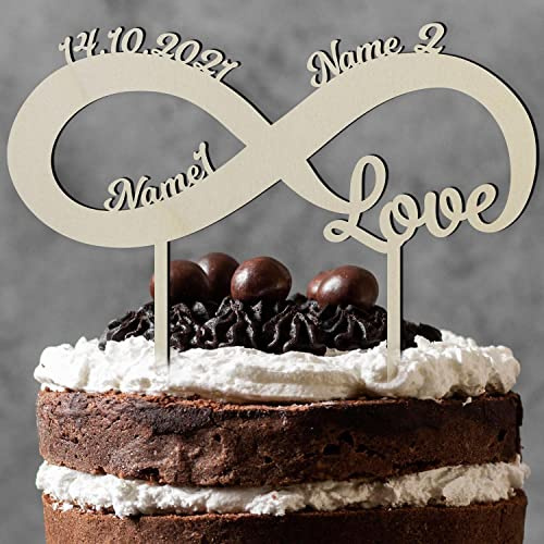 Namofactur personalisierter Cake Topper Unendlichzeichen aus Holz | Mit Namen, Gestell und in verschiedenen Farben wählbar; LED-Hintergrundbeleuchtung für die spätere Raumdeko optional