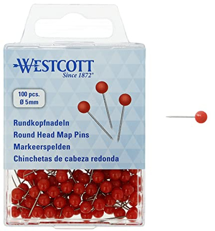 Westcott E-10503 00 Lot de 100 épingles à tête Ronde Rouge Diamètre 5 mm Longueur 16 mm
