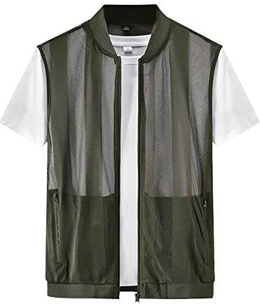 Sukany Men's Summer Casual Lightweight Breathable Mesh Vest Fishing Safari Travel Photo Gilet Zip Sleeveless Waistcoat Army Green XL
