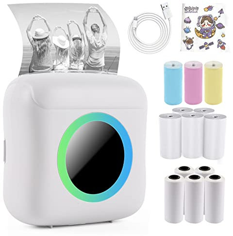 WingFly Mini Stampante Fotografica Istantanea Portatile, Stampante Termica Bluetooth con Ricarica USB e 13 Rotoli di Carta, per Note, Diario, Elenco, Memo Supporto per Android iOS Smartphone (White)