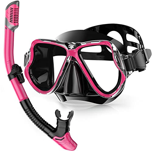 QcoQce Schnorchelset für Erwachsene, Trocken Schnorchel mit Anti-Fog und Anti-Leck Tauchmaske aus Gehärtetem Glas, Panorama Sicht und Leichtes Atmen für Schnorcheln und Tauchen