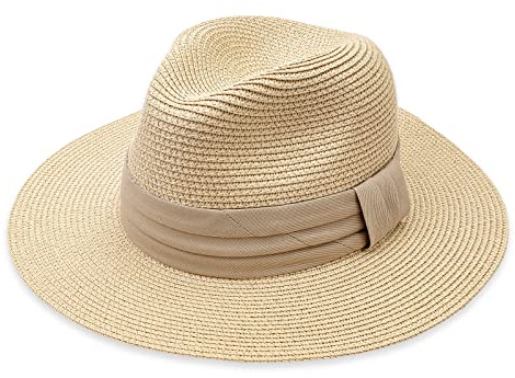 DRESHOW Women Wide Brim Straw Panama Roll up Hat Fedora Beach Sun Hat UPF 50+