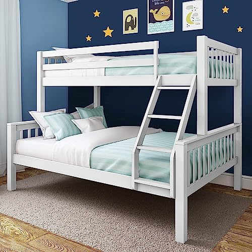 Bunk Beds for Kids, 4ft6 Double Bed Frame Pine Wood, 3ft Single Wooden Bunk Bed with Stairs, White Double Bunk Bed for Kids Children Bedroom, Triple Sleeper Bunk Beds, (White L199 Cm X W143 Cm X H144)
