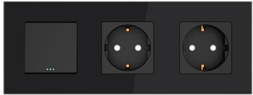 PULSAR Taster Unterputz mit 2 Steckdosen Schwarz mit Glasrahmen Taster Lichtschalter Schwarz Glas 3 Fach, Taste Schalter mit Doppelsteckdose
