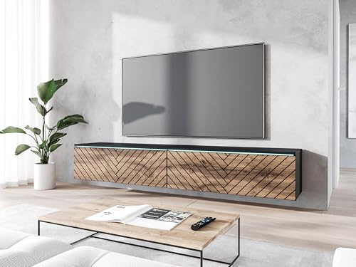 MINIO go for it - TV Schrank Donna Breite 180 cm Lowboard mit LED | Hängend oder Stehend, Fernsehtisch, Modern Lowboard mit LED, Farbe: Graphit Schwarz / Wotan Eiche mit Herringbone Muster