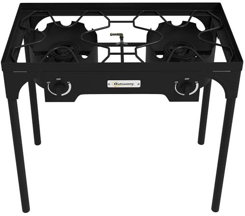 Outsunny Réchaud 2 brûleurs au propane réchaud à gaz portable 92000 BTU/h avec 2 pieds amovibles pour extérieur, camping, métal moulé, dim. 79L x 40l x 76H cm