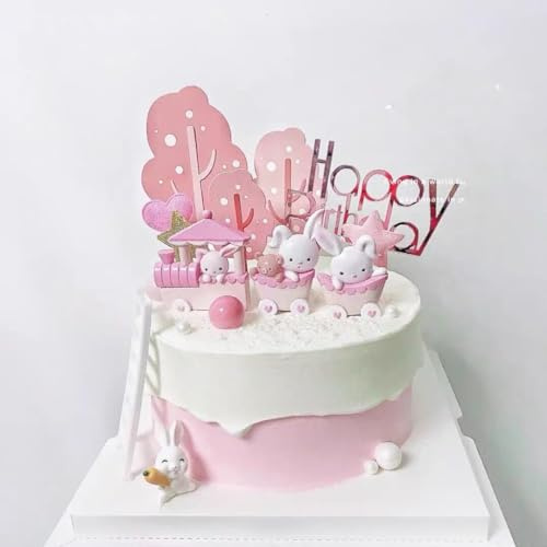 MAIGO 23PCs Bunny Cake Topper Set- Rabbit Figures Cake Toppers, Bunny Fairy Garden Cake Decorations, Easter Cake Decorations f, Birthday Party Pink Bunnies Supplies