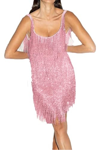 Qianderer Damen-Minikleid mit Pailletten, Glitzer, mehrlagig, Fransen, tiefer V-Ausschnitt, rückenfrei, ärmellos, Quaste, Flapperkleid, Club, Party, Abschlussball, glitzerndes Kleid